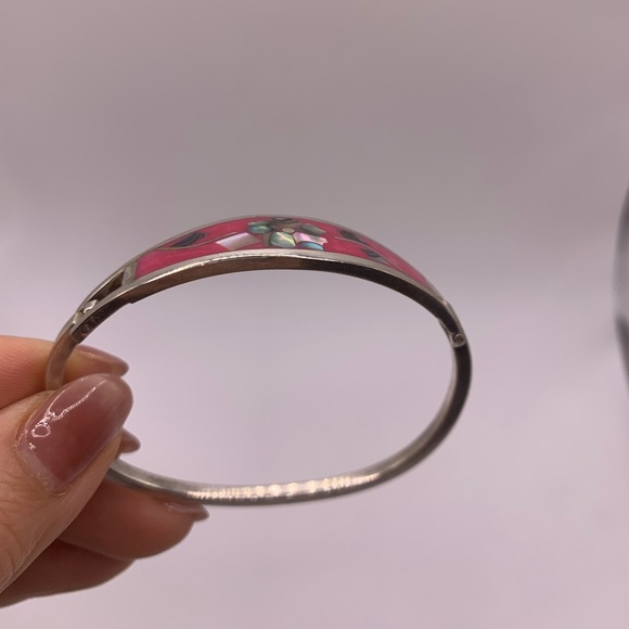 Vintage Mexico Alpaca silver pink shell inlay bangle - Picture 3 of 6